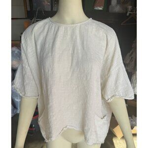 Cope Cream Small Gauze oversized Pockets Cotton Raw Hem Short Sleeve Top Sheer